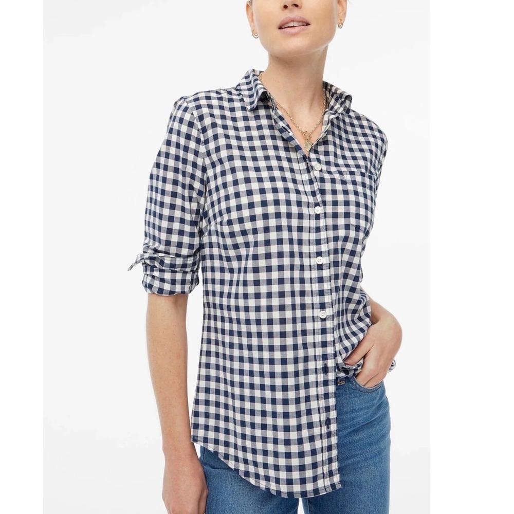 J.Crew Boy Shirt Women 8 Navy Gingham Long Sleeve Button Down Cotton Classic
